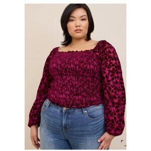 Torrid Womens Size 2x Velvet Smocked Blouson Sleeve Crop Top Burgundy plus